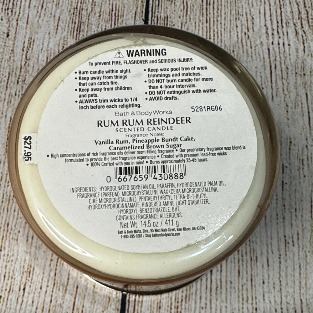 NWT Bath & Body Works Rum Rum Reindeer Candle 3 Wick BBW
